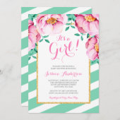 ミントのストライプのピンクの水彩画の花のベビーシャワー 招待状 (正面/裏面)