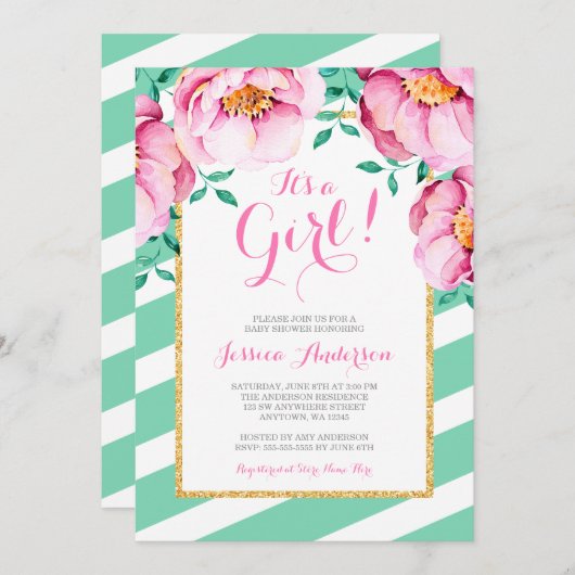 ミントのストライプのピンクの水彩画の花のベビーシャワー 招待状 (正面/裏面)
