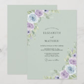 ミントのソフトなライラックの花びらの結婚式 招待状 (正面/裏面)