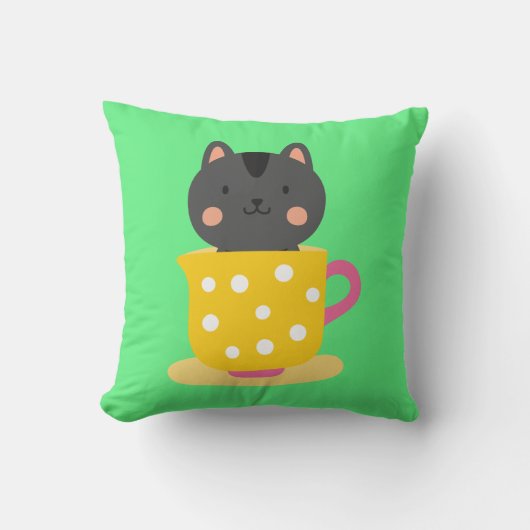 ミントのティーカップ漫画のかわいい猫 クッション (正面)