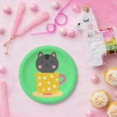 ミントのティーカップ漫画のかわいい猫 ペーパープレート (パーティー)