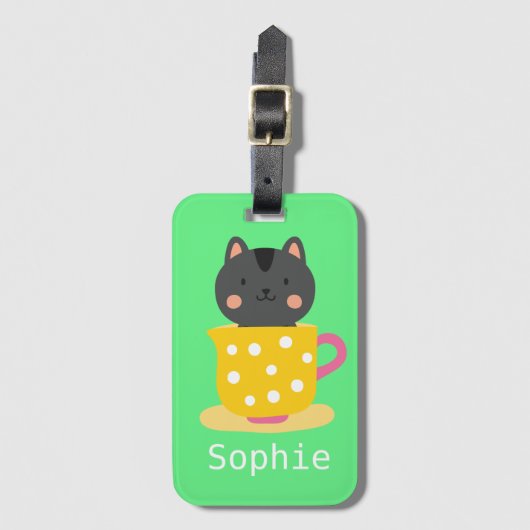 ミントのティーカップ漫画のかわいい猫 ラゲッジタグ (正面縦)