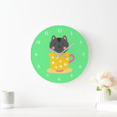 ミントのティーカップ漫画のかわいい猫 ラージ壁時計 (ホーム)