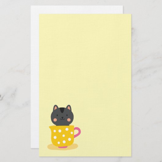 ミントのティーカップ漫画のかわいい猫 便箋 (正面/裏面)