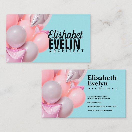 ミントのピンクの誕生日エアバルーン 名刺 (正面/裏面)