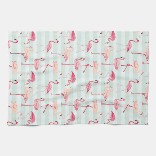 ミントのレトロのフラミンゴは縞で飾ります キッチンタオル (横)