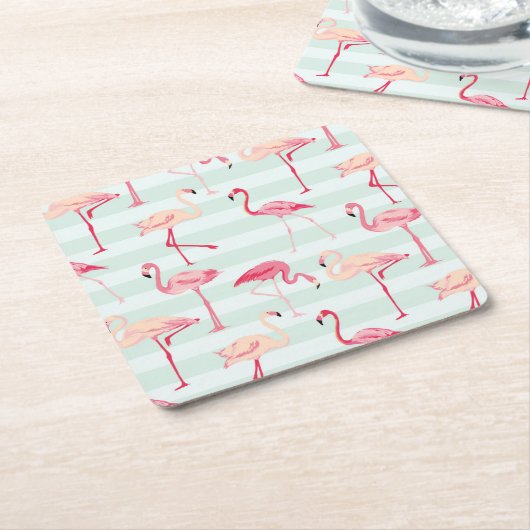 ミントのレトロのフラミンゴは縞で飾ります スクエアペーパーコースター (アングル)