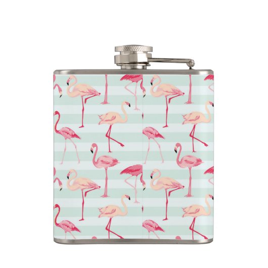 ミントのレトロのフラミンゴは縞で飾ります フラスク (裏面)