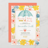 ミントの傘 4月のシャワー ベビーシャワー 花 招待状 (正面/裏面)