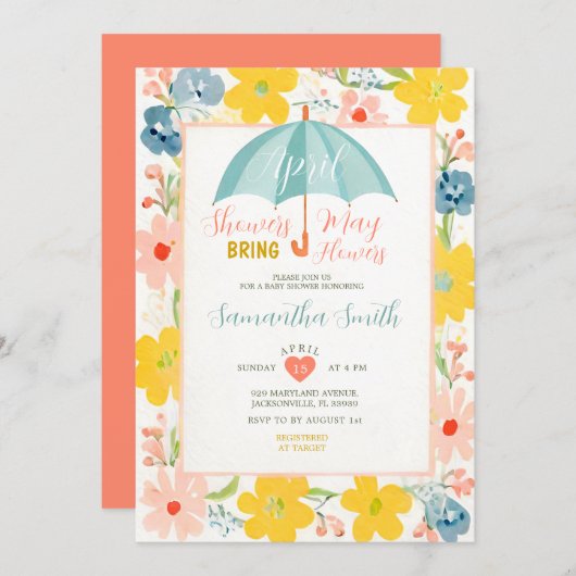 ミントの傘 4月のシャワー ベビーシャワー 花 招待状 (正面/裏面)