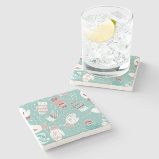 ミントの冬のクリスマスのミッテンス模様 ストーンコースター (横)