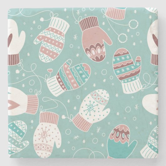 ミントの冬のクリスマスのミッテンス模様 ストーンコースター (正面)