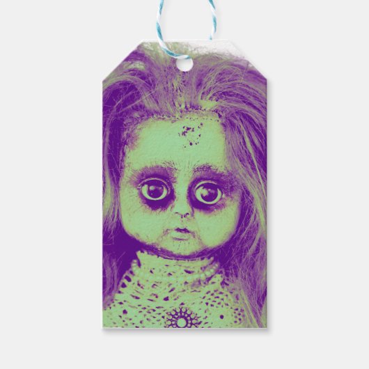 ミントの散らかった髪の不気味な人形の頭 ギフトタグ (正面)