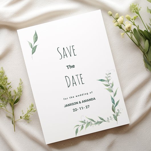 ミントの水彩グリーンリース Save The Date 招待状