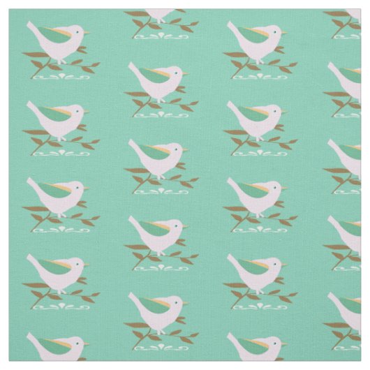 ミントの背景に小さなピンクの鳥 ファブリック (見本)