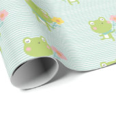 ミントの花が咲くかわいい小さなカエルストライプ ラッピングペーパー (ロールコーナー)