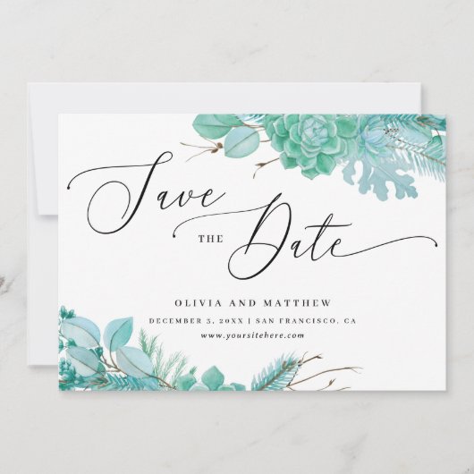 ミントの花と多肉植物。冬のサボテンウェディング セーブザデート (正面)