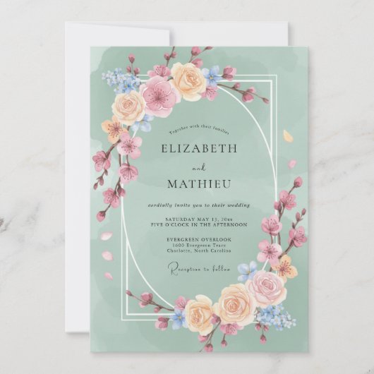 ミントの花のアーチ ロマンティックな結婚式 招待状 (正面)