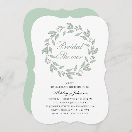ミントの葉のブライダルシャワー。ボタニカルカリグラフィー 招待状 (正面/裏面)