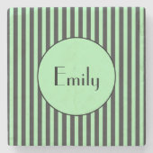 ミントはっきりしたグリーン&ブラックストライプパーソナライズされた ストーンコースター (正面)