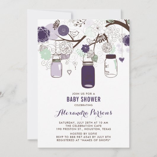 ミントぶら下がったンのメイソンの瓶フローラの赤ちゃんシャワー 招待状 (正面)