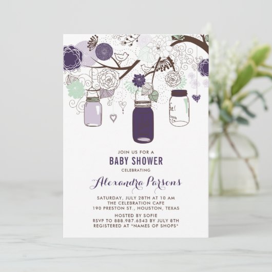 ミントぶら下がったンのメイソンの瓶フローラの赤ちゃんシャワー 招待状 (スタンド正面)