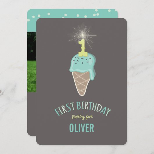 ミントアイスクリームスパークラーワンボーイ1歳パーティー 招待状 (正面/裏面)