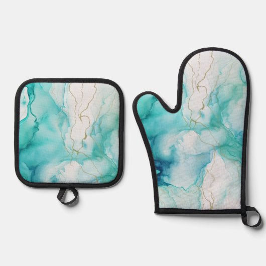ミントアクアインクマーブル 鍋つかみ&鍋敷きセット (正面)