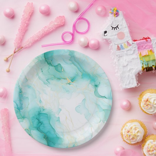 ミントアクアグラムエレガント金ゴールド大理石 ペーパープレート (パーティー)