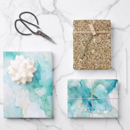 ミントアクアグラムエレガント金ゴールド大理石 ラッピングペーパーシート (正面)