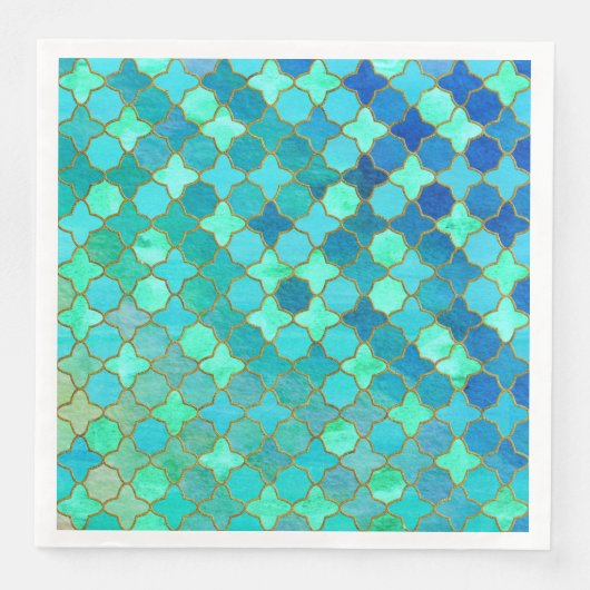 ミントアクアティール（緑がかった色）金ゴールドオリエンタルモロッコタイルパターン (正面)