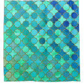 ミントアクアティール（緑がかった色）金ゴールドオリエンタルモロッコタイルパターン シャワーカーテン (正面)