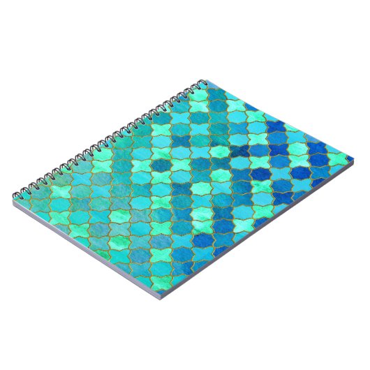 ミントアクアティール(緑がかった色)金ゴールドオリエンタルモロッコタイルパターン ノートブック (左側)