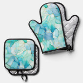 ミントアクアパール金ゴールドマーブル 鍋つかみ&鍋敷きセット (正面/裏面)