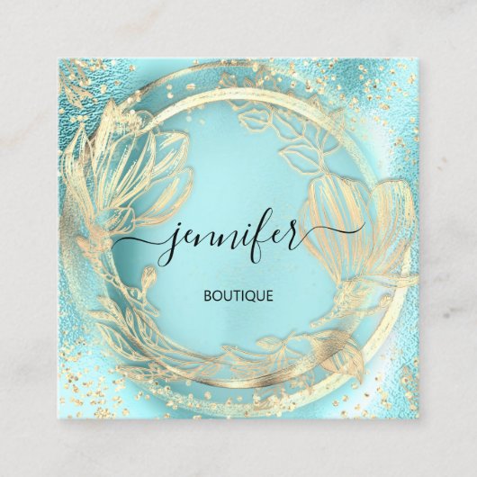 ミントアクアフローラQRCodeロゴスクエアインサート美しい スクエア名刺 (正面)