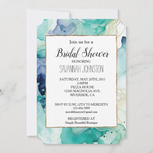 ミントアクアブルーインクマーブル 招待状 (正面)