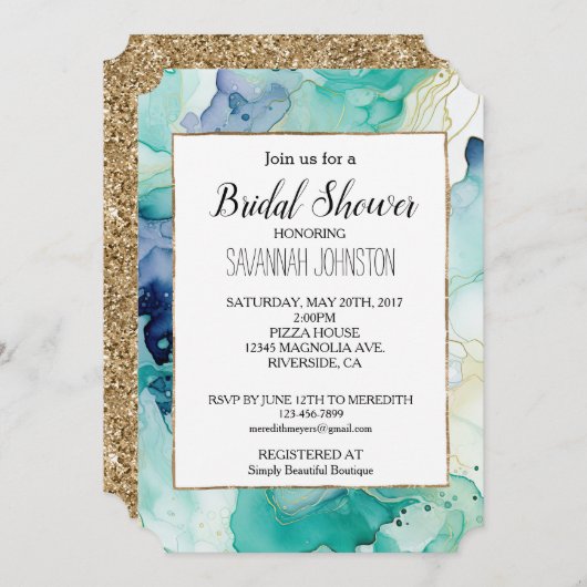 ミントアクアブルーインクマーブル 招待状 (正面/裏面)