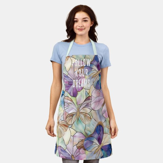 ミントアクアブルーパープル蝶 エプロン (着用した状態)