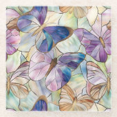 ミントアクアブルーパープル蝶 ガラスコースター (正面)