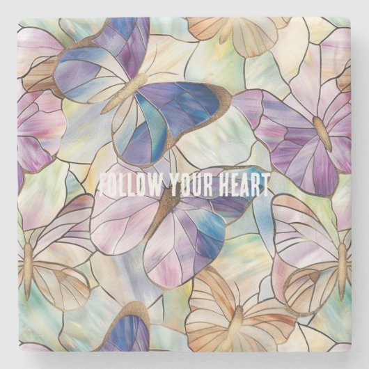 ミントアクアブルーパープル蝶 ストーンコースター (正面)