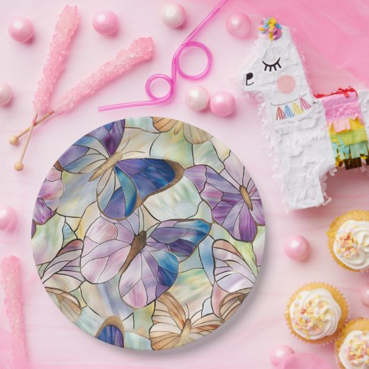ミントアクアブルーパープル蝶 ペーパープレート (パーティー)