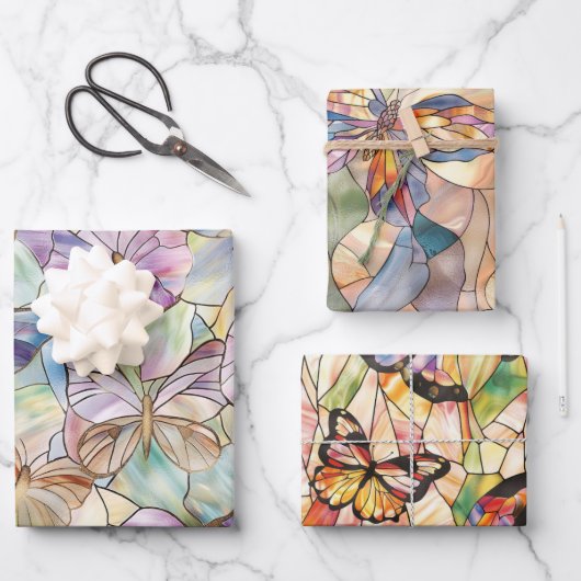 ミントアクアブルーパープル蝶 ラッピングペーパーシート (正面)
