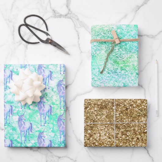 ミントアクア紙吹雪グリッターユニコーン ラッピングペーパーシート (正面)