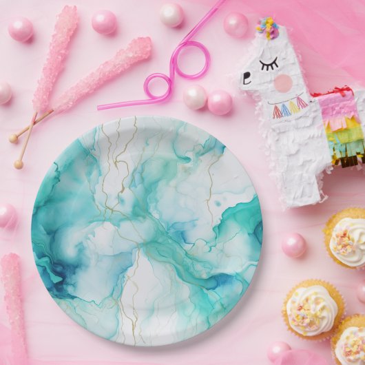 ミントアクア金ゴールドインクマーブル ペーパープレート (パーティー)