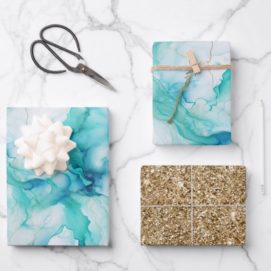 ミントアクア金ゴールドインクマーブル ラッピングペーパーシート (正面)