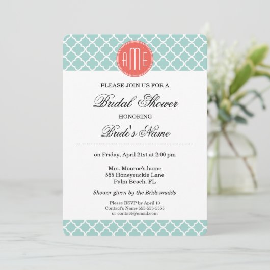 ミントアンドサンゴクローバーとカスタムモノグラム 招待状 (スタンド正面)