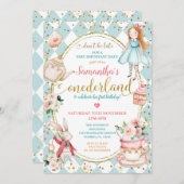 ミントアンドブルーアリスティーパーティーファースト誕生日 招待状 (正面/裏面)