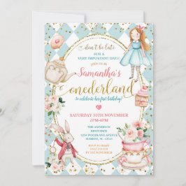 ミントアンドブルーアリスティーパーティーファースト誕生日 招待状