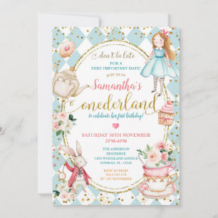 ミントアンドブルーアリスティーパーティーファースト誕生日 招待状