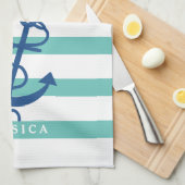 ミントアンドホワイトストライプいかりブルー航海の2 キッチンタオル (四つ折り)